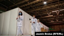 Pripreme za masovnu vakcinaciju u hali Zetra u Sarajevu, 19. april