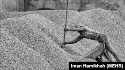 Iran – A worker of concrete factory fill in a handcart of sand, 29Apr2014