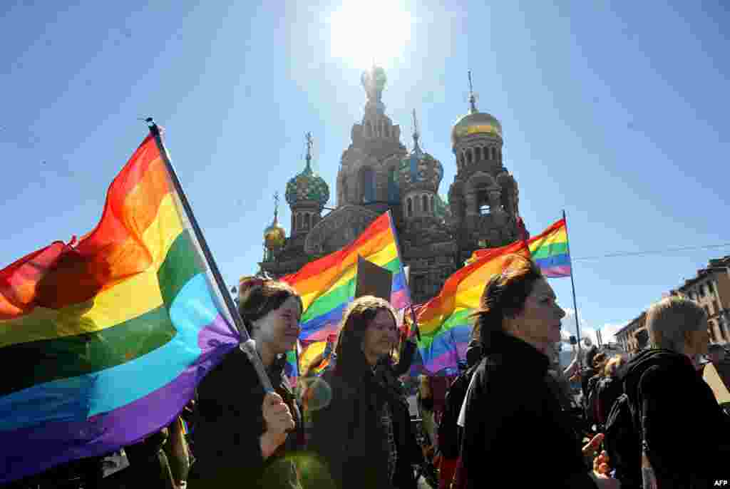 Gay-rights activists march in the city of St. Petersburg. (AFP/Olga Maltseva)