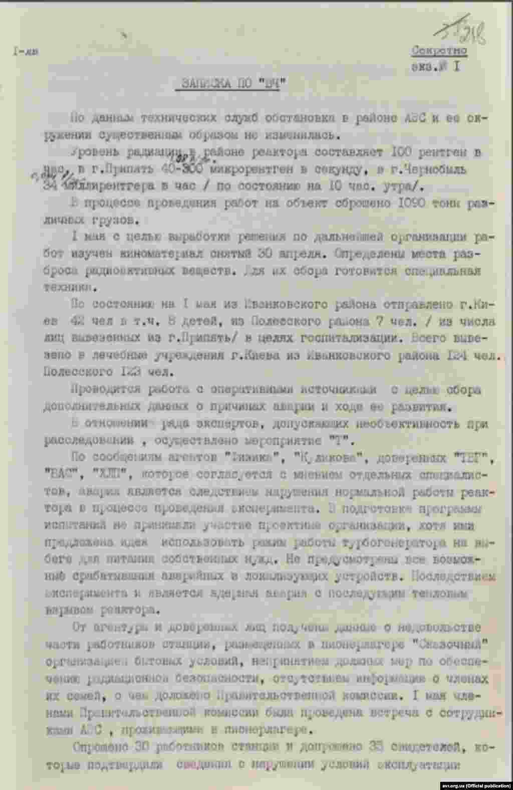 Записка підполковника Аксьонова про ситуацію в районі ЧАЕС, 2.05.1986