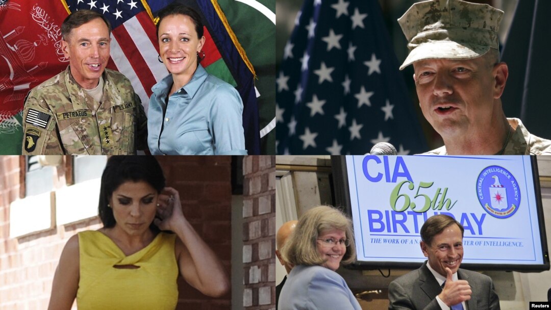 (Clockwise from top left) General David Petraeus and Paula Broadwell; U.S. Marine General John Allen; David Petraeus with his wife, Holly; and Jill Kelley