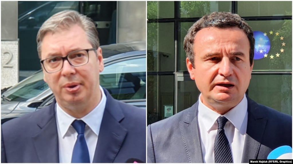 Predsednik Srbije Aleksandar Vučić i premijer Kosova Albin (Aljbin) Kurti u Briselu 19. jula 2021. Predsednik Srbije Aleksandar Vučić i premijer Kosova Albin (Aljbin) Kurti u Briselu 19. jula 2021.