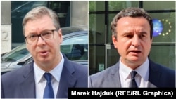 Serbia's Aleksandar Vucic (left) and Kosovo's Albin Kurti each blamed the other for the lack of progress in Brussels on July 19.