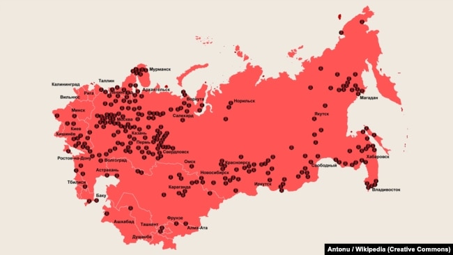 Мапа розташування концтаборів ГУЛАГу в СРСР