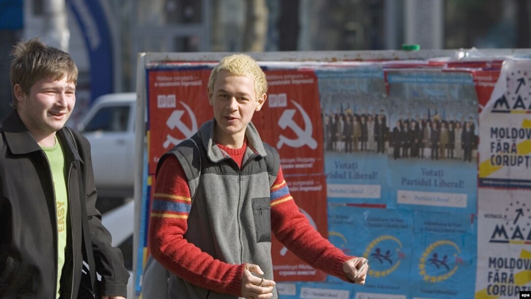Election posters in downtown Chisinau ahead of the April 5 parliamentary vote.