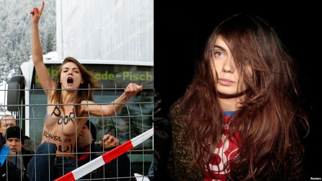 Activistele Femen ucrainene Oksana Shachko (stânga) și Inna Shevchenko. Aceasta (dreapta) ține o rubrică în Charlie Hebdo.