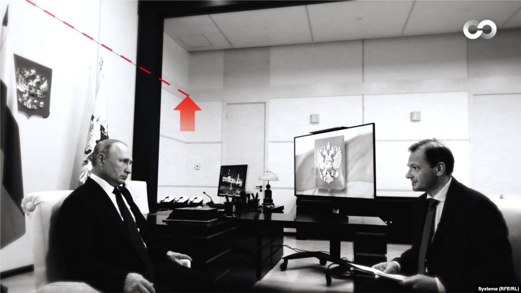 Intervista e Vladimir Putinit me Sergei Brilev, botuar më 27 gusht 2020. Zyrtarisht, ajo u mbajt në Novo-Ogaryoevo, por një shtresë në mur zbulon rezidencën në Soçi.