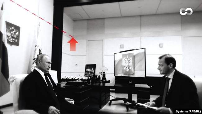 Officially, Putin's interview with journalist Sergei Brilyov was recorded at Novo-Ogaryovo outside Moscow, but the location of a seam on the wall indicates it actually took place at Bocharov Ruchei in Sochi.