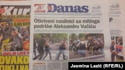 Naslovne strane dnevnih listova "Danas" i "Kurir", sa fotografijama napada na novinare na dan polaganja predsedničke zakletve Aleksandra Vučića