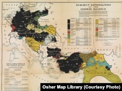 A map showing the nationalities living in the Central Powers. A large section of the eastern Ottoman Empire, bordering Russia, was inhabited by Armenians.