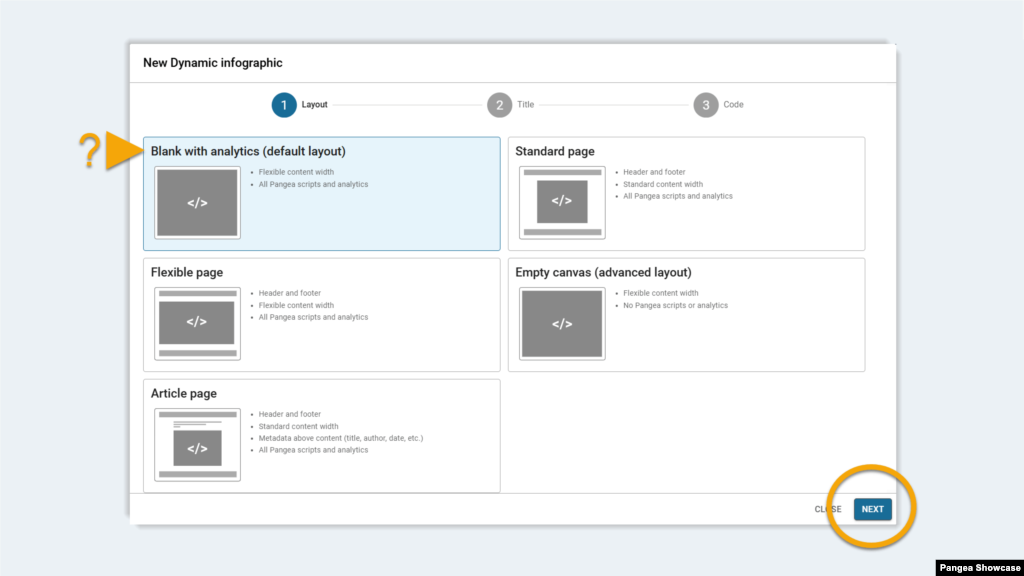 The <strong>New Dynamic infographic</strong> stepper opens. Select a layout and click <strong>Next</strong>.