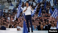 Premierul elen la ultimul miting de campanie dinaintea „europarlamentarelor”, la Atena, pe 7 iunie. 