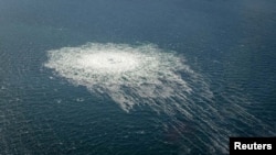 Gas bubbles from the ruptured Nord Stream 2 pipeline leak to the surface of the Baltic Sea near Bornholm, Denmark, in September 2022. 