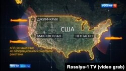У своїй програмі на російському телебаченні ведучий Дмитро Кисельов показує, як російські підводні човни беруть американські цілі
