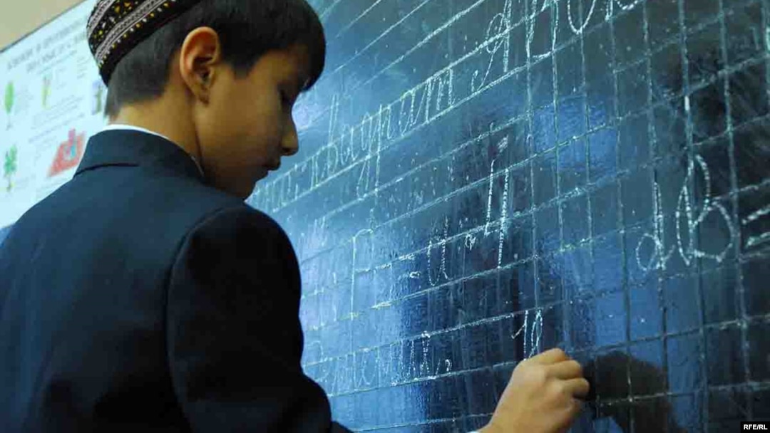 A student does exercises at a Turkmen-Russian bilingual school in Ashgabat.
