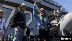 US Special Envoy Steve Witkoff (right) visits a US aircraft carrier in Arabian Sea on February 7.