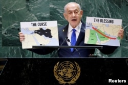 Premierul israelian Benjamin Netanyahu, în timpul discursului de la Adunarea Generală a ONU. 27 septembrie 2024.