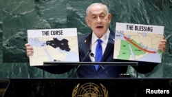 Premierul israelian Beniamin Netanyahu, în timpul discursului de la Adunarea Generală a ONU, 27 septembrie 2024.