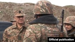 Nagorno-Karabakh - Armenian Defense Minister Seyran Ohanian visits the Line of Contact with Azerbaijan, 11Feb2016.