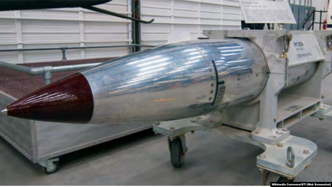 A B61 nuclear bomb on display at the Pima Air and Space Museum in Tucson, Arizona.
