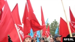 Opposition supporters rally in the Kyrgyz capital, Bishkek.