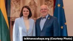 Беларуская дэмакратычная лідэрка Сьвятлана Ціханоўская і сьпікер Сейму Літвы Юозас Олекас. Вільня, 3 верасьня 2026 году