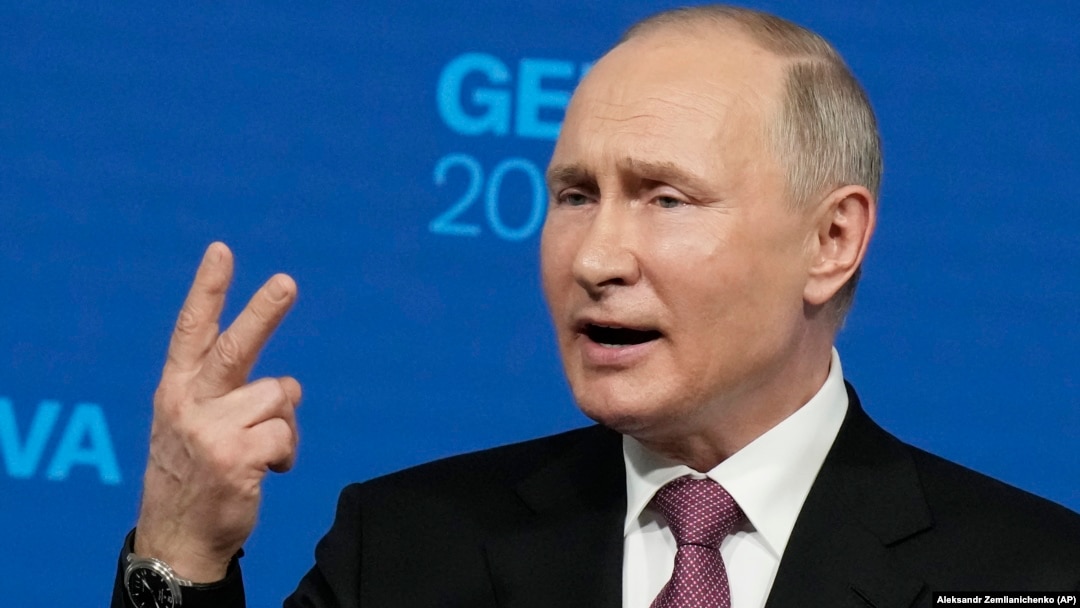 Russian President Vladimir Putin gestures as he speaks during a news conference after his meeting with U.S President Joe Biden in Geneva on June 16. 