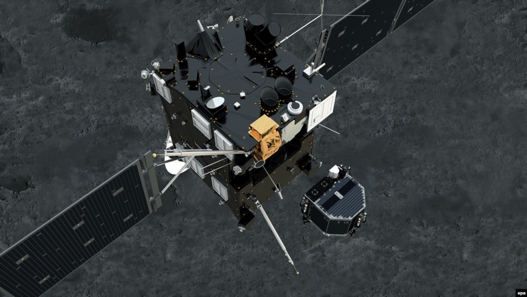 Аппарат Philae отсоединяется от космического зонда и начинает спуск на комету (12 ноября 2014 года)