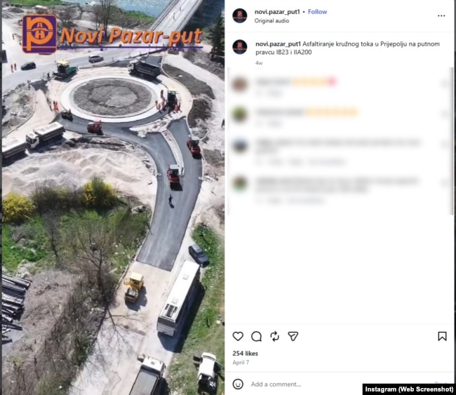 Një postim në Instagram i kompanisë "Novi Pazar-put", ku mburret me punën në rrethrrotullimin në Prijepole. Prill 2026.
