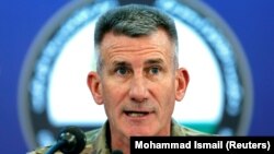 U.S. Army General John Nicholson speaks during a news conference in Kabul on November 20.