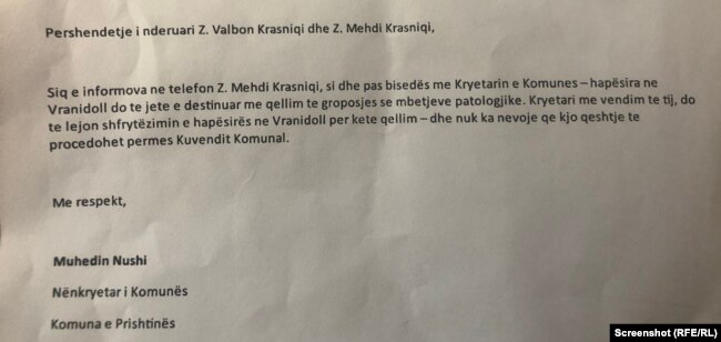 Komunikimi i 15 qershorit, 2021 mes nënkryetarit të Prishtinës, Muhedin Nushi dhe zyrtarëve të SHSKUK-së.