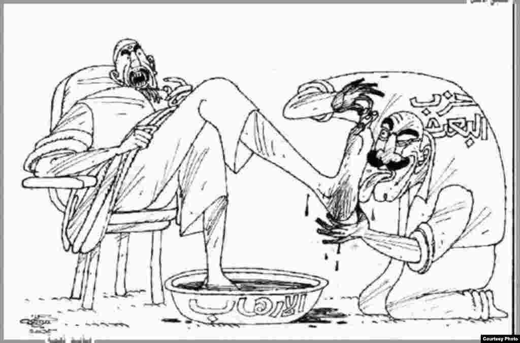 In this cartoon by late Iraqi artist Moyad Neama, a sycophantic Ba'ath Party member cozies up to a terrorist. 