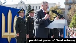 President Petro Poroshenko speaks at a military parade on Independence Day in Kyiv on August 24.