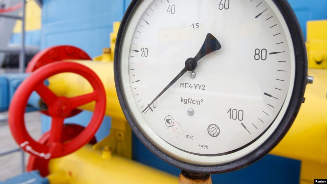 A pressure gauge at an underground gas storage facility in the Ukrainian village of Mryn.