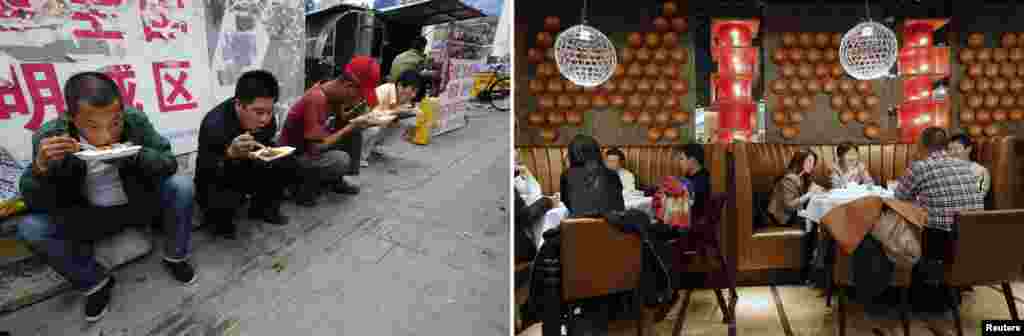 Men eat their lunch on the street, while people dine at an upscale restaurant in Beijing. For diners eating street food, a full meal costs about $1.60. At the restaurant on the right, a main course of shark fin or abalone costs $60-80. 