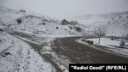 Tajikistan -- Dushanbe, a village, road, snow, three way, ( Chamanzor, Yovon ), 24 February 2014