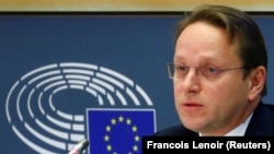 European Neighbourhood and Enlargement Commissioner-designate Oliver Varhelyi of Hungary speaks during his hearing before the European Parliament in Brussels on November 14.