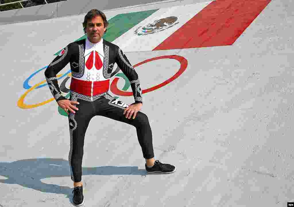 Mexican-born skier Hubertus of Hohenlohe shows off his racing suit for the Sochi Olympic Games.