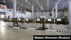 A component of Russia's 9M729 missile system is displayed earlier this month.