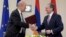 French Foreign Minister Jean-Yves Le Drian (left) meets with Armenian Foreign Minister Zohrab Mnatsakanian in Yerevan on May 28.