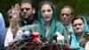 FILE: Maryam Nawaz (C), daughter of former Prime Minister Nawaz Sharif, talks to journalists after appearing before an investigation team in Islamabad on July 5.