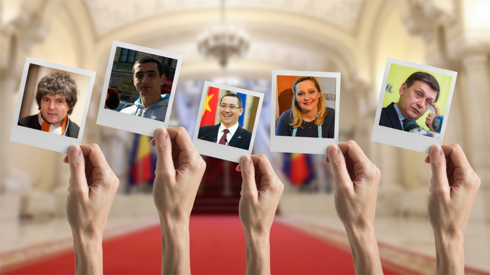 De la dreapta la stânga, candidații la președinția României Nicușor Dan, George Simion, Victor Ponta, Elena Lasconi, Crin Antonescu - în 2015.