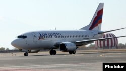 Armenia - An Air Armenia plane prepares for its inaugural commercial flight at Yerevan airport, 23Oct2013.