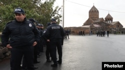 Armenia - Police guard the Hovanavank monastery during a Sunday mass held by a defrocked pro-government priest, October 26, 2025.