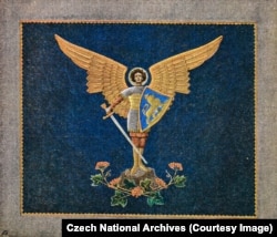 A flag of the Ukrainian Sich Riflemen from the Prague museum's collection. The Ukrainian volunteer unit fought within the Austro-Hungarian Army in Word War I.