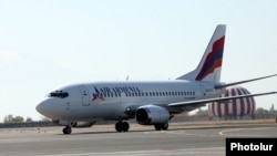 Armenia - An Air Armenia plane prepares for its inaugural commercial flight at Yerevan airport, 23Oct2013.