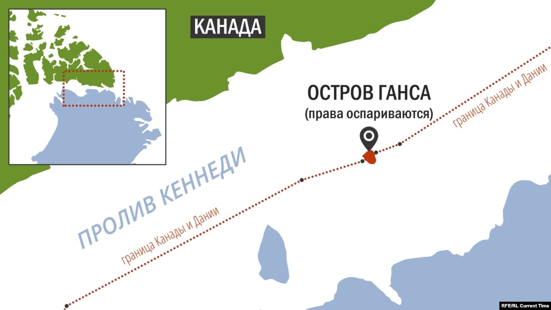 Спорный остров расположен точно посередине между территориями Канады и Дании