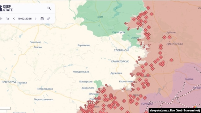 Намагання військ РФ охопити Слов'янсько-Краматорську агломерацію з півночі та півдня на мапі проєкту DeepState станом на 20 лютого 2026 року