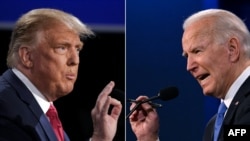 A két kép 2020. október 22-én készült Donald Trump és Joe Biden utolsó elnökválasztási vitáján a nashville-i Belmont Egyetemen