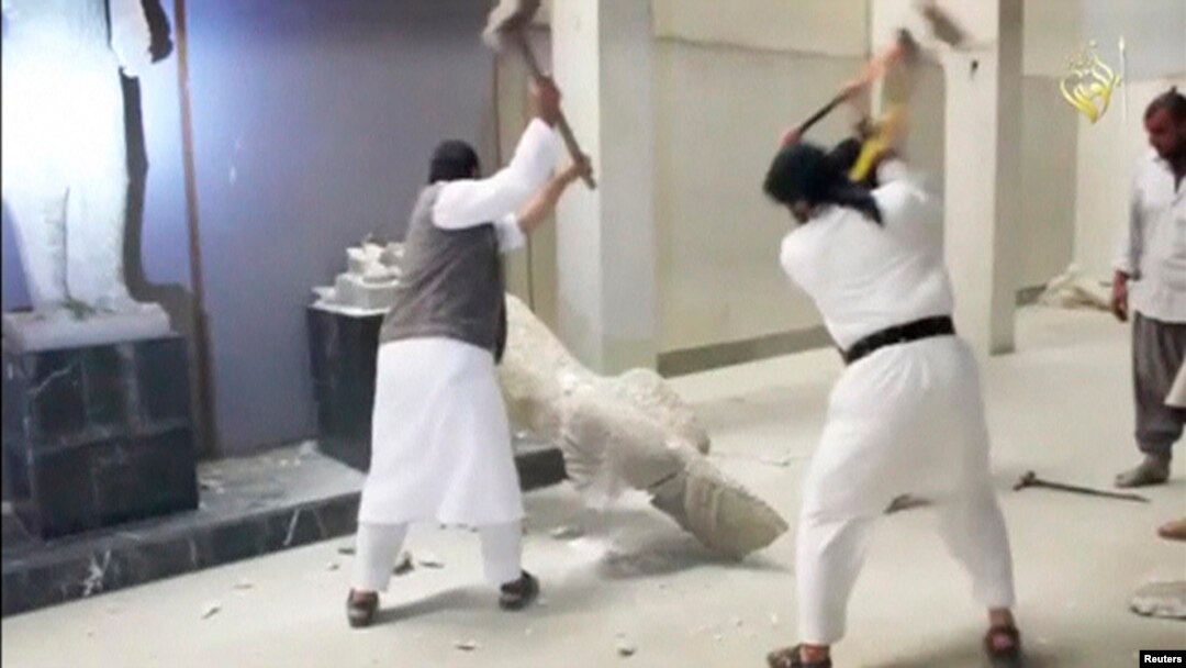 Many of the statues and other objects destroyed in the video were plaster-cast reproductions.